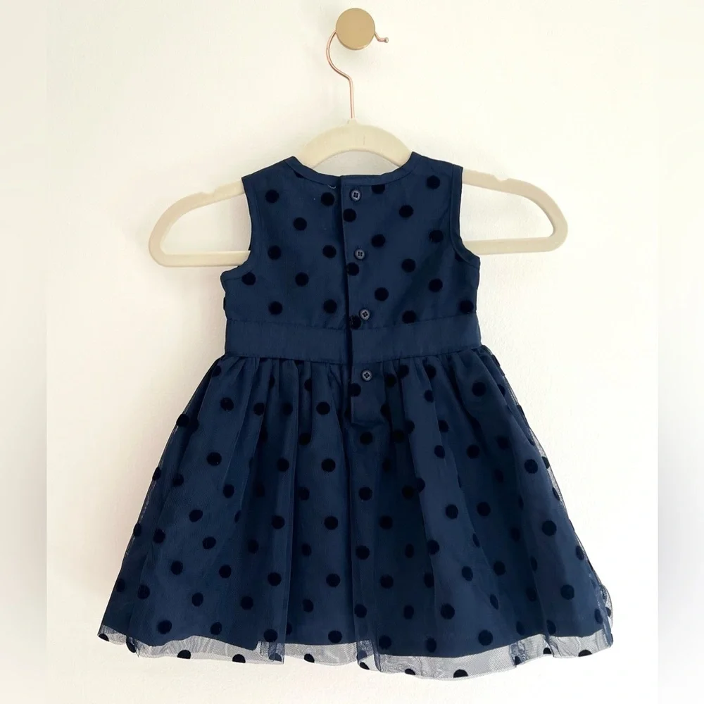 Carter's Elegant Navy Formal Dress w/Velvet Polka Dots & Bow Baby Girl 6 Months